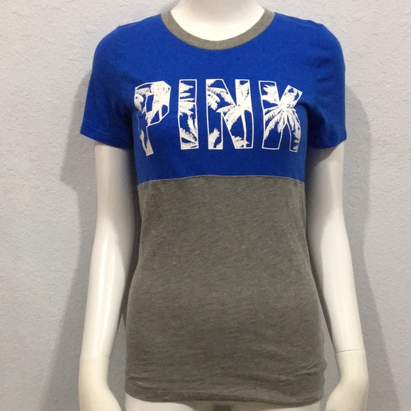 PINK Victoria's Secret Tops - Victoria’s Secret PINK Blue & Gray Palm Tree Tee